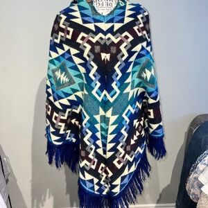 Geometric Patterned Blue Poncho Sweater
